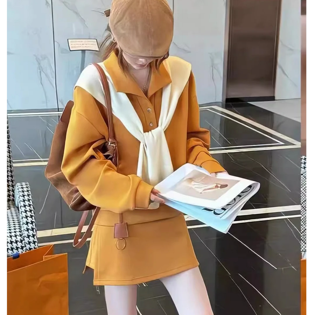 韩系时尚套装女春秋春季新款翻领卫衣半身裙宽松休闲洋气两件套