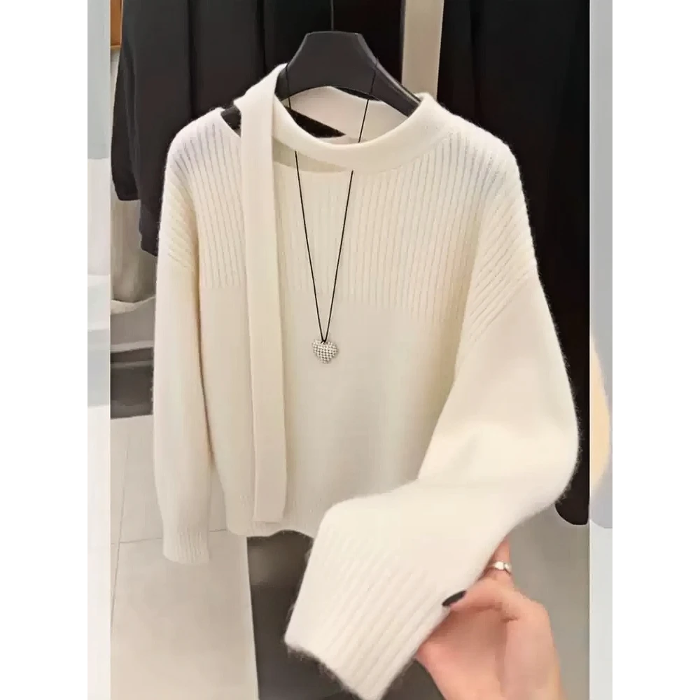 太好看了！怒推！毛衣2025新款高级感针织衫露肩长袖系飘带上衣秋冬