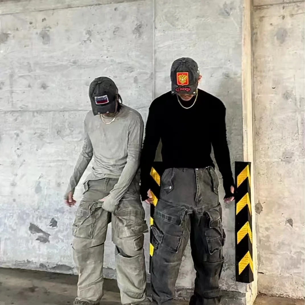 OS废土风蜡染水洗做旧圆领弹力不对称拼接长袖T恤打底衫修身