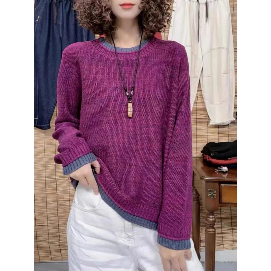 422圆领花纱拼色包边针织衫百搭宽松秋冬套头显瘦长袖时尚