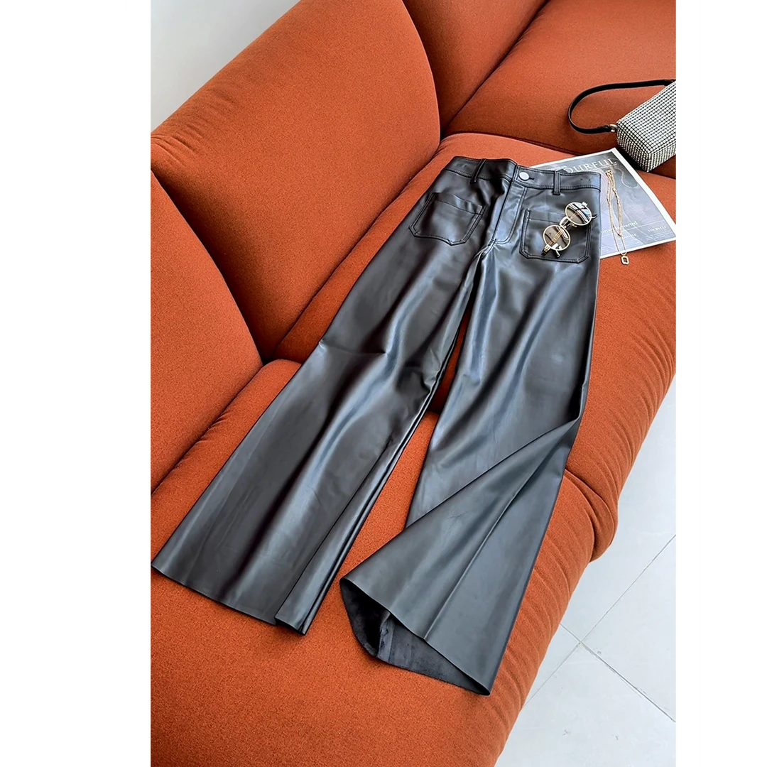 春秋季新款高腰显瘦前后口袋纯色皮裤休闲直筒阔腿裤高级气质