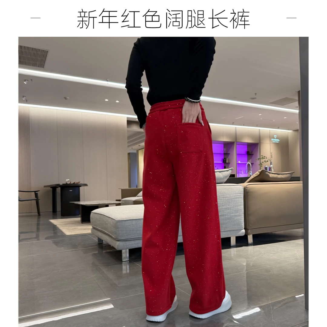 新年红色满天星高腰拖地裤女士休闲裤冬季加绒宽松阔腿弯刀裤百搭