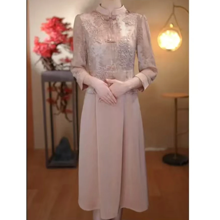 （7分袖假两件裙子）2025夏季新款妈妈气质改良旗袍中长款连衣裙