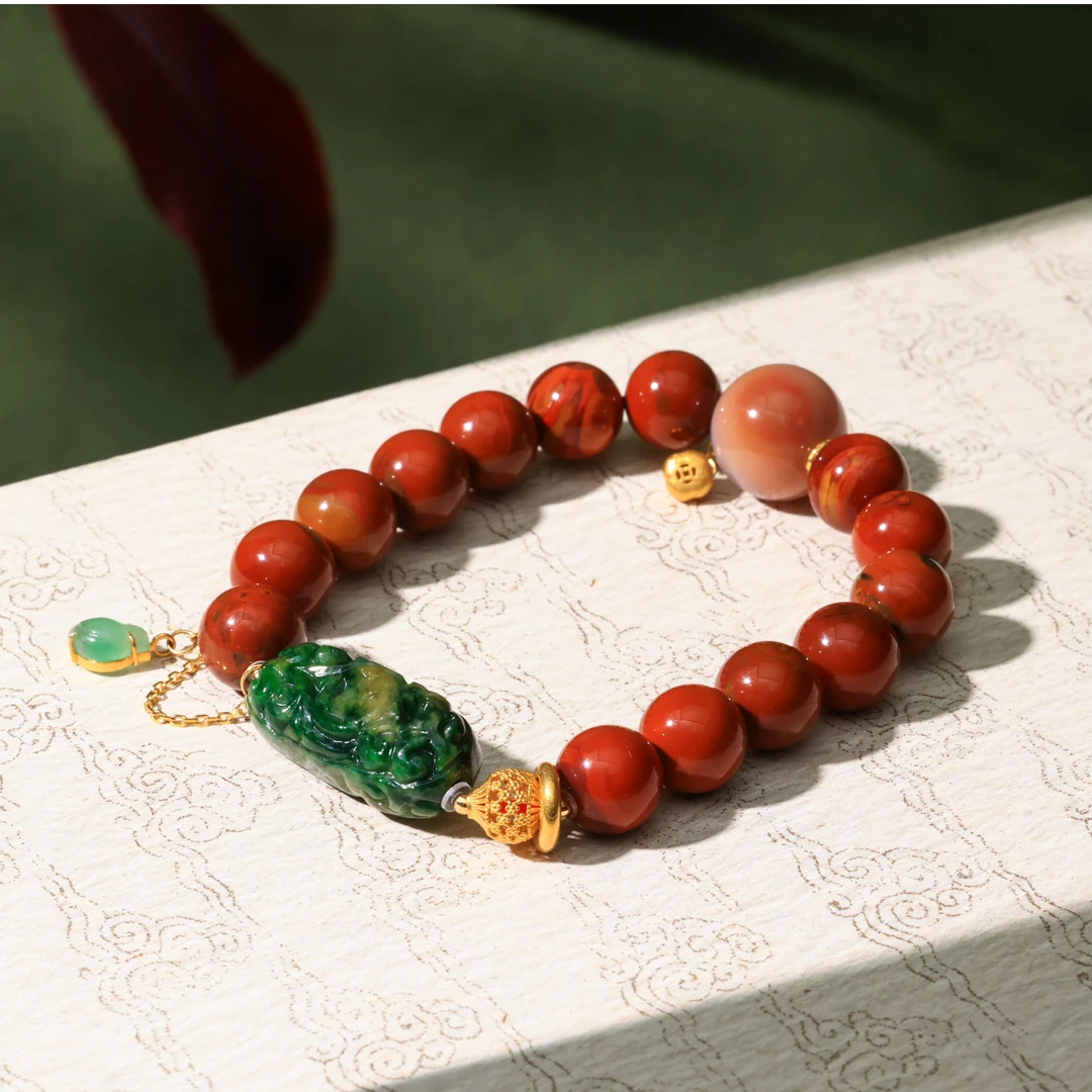 【意婵】《风云鉴》原矿10mm18k金满红皮浆南红单圈缅A翡翠盐源917157