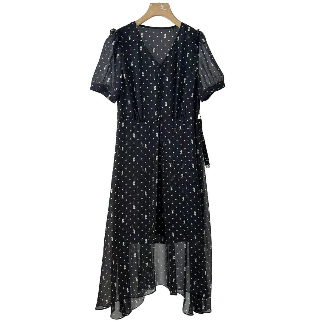 【W60黑兔子波点】休闲时尚百搭洋气2025夏季新款短袖中长款连衣裙