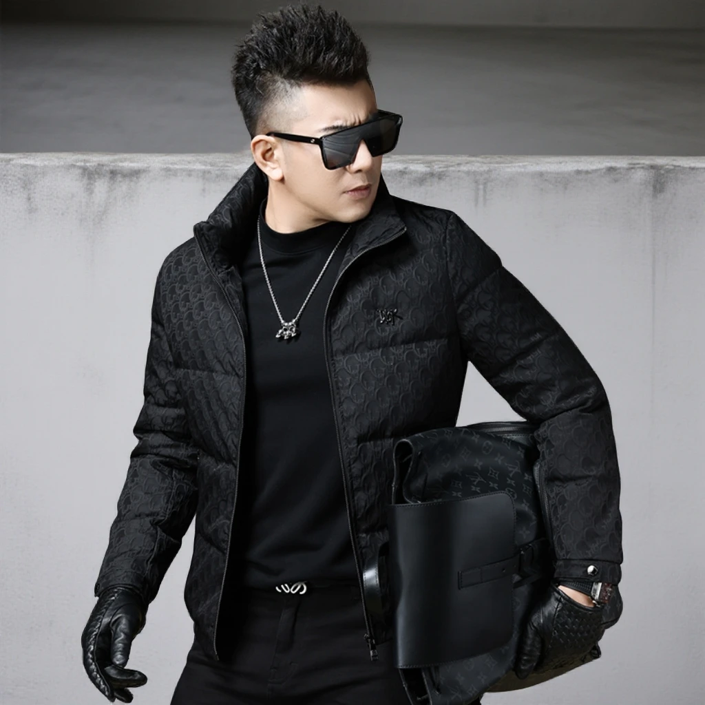 宾斯洛特立领羽绒服男白鸭绒冬季潮牌徽章提花外套男士保暖防寒服