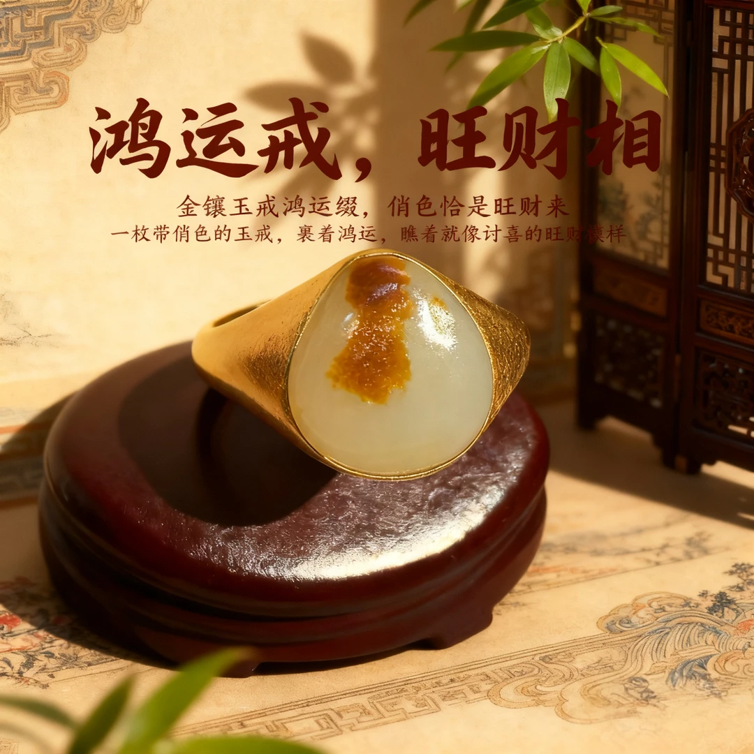 鸿运戒·旺财相·精品和田玉金镶戒指21戒圈