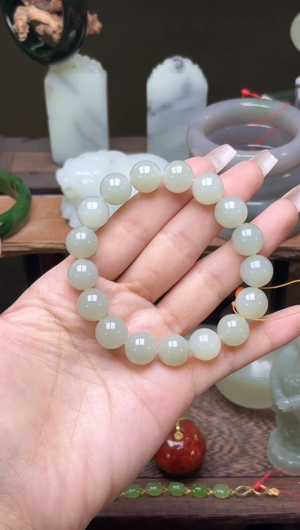 【闪购商品】和田玉手串未镶嵌卡12且末青白圆珠9006090