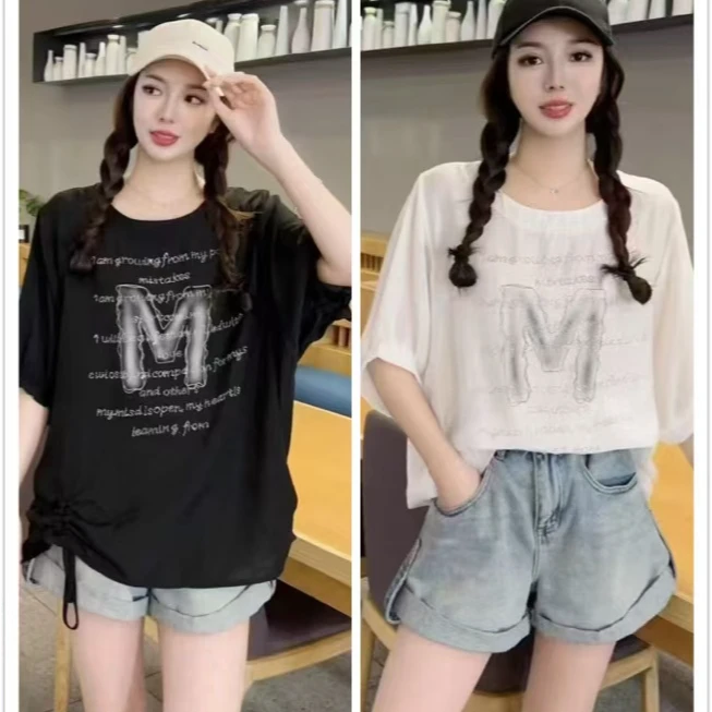 【锦衣服饰】XRX 6576欧货抽绳重工烫钻字母圆领短袖T