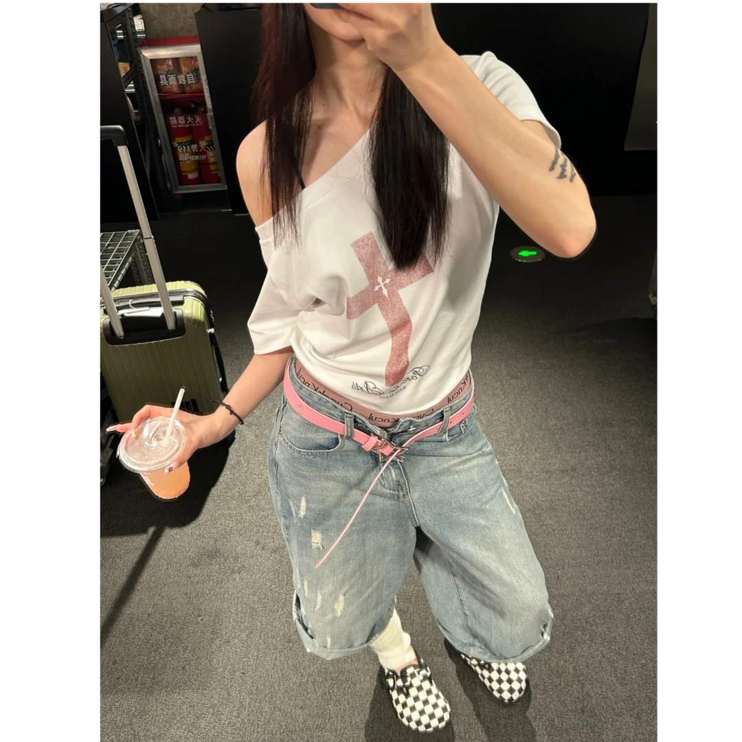 白色斜肩插肩袖短款T恤夏季修身印花百搭小众显瘦设计感美式短袖