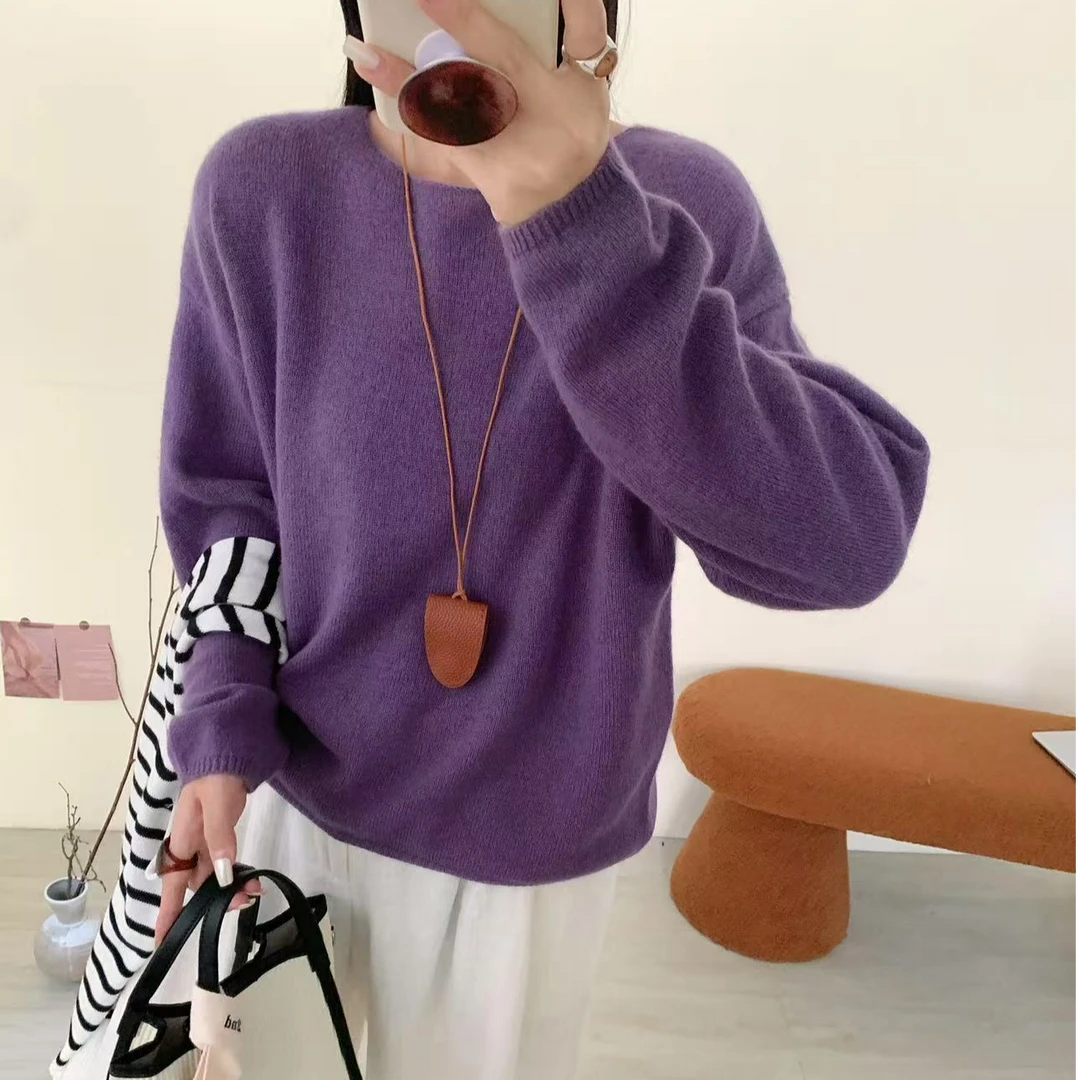 韩版软糯圆领羊毛羊绒衫女慵懒宽松套头毛衣