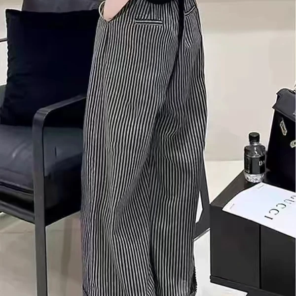 现货2025黑白条纹薄款裤子女春季小个子慵懒松弛感显瘦休闲阔腿裤