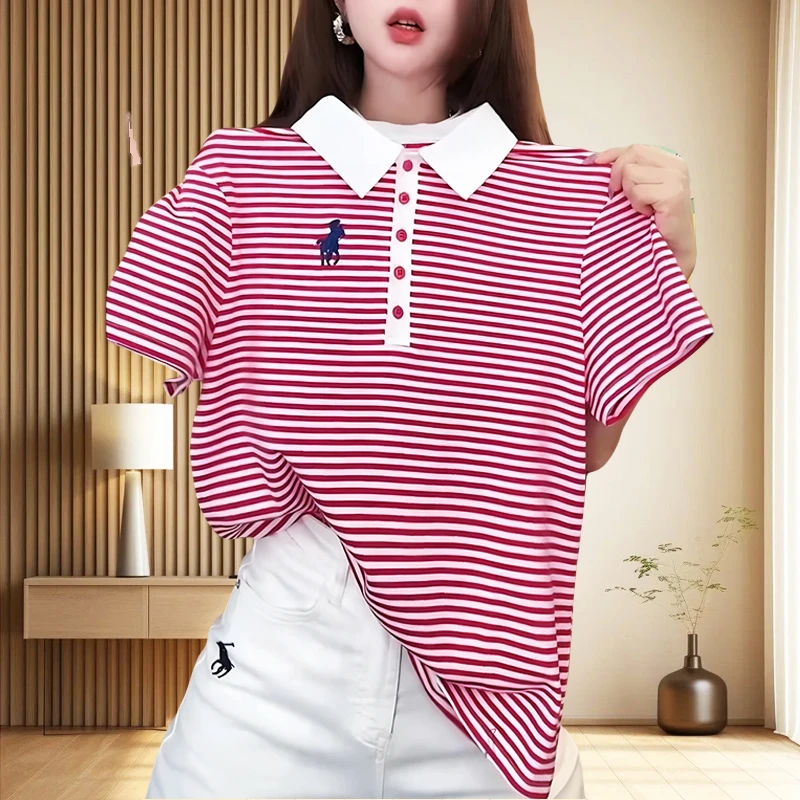 纯棉新款气质POLO衫女上衣女款2025爆款夏季翻领刺绣条纹短袖推荐