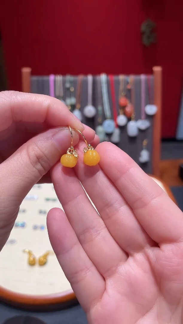 琥珀银S925镀金镶嵌耳饰南瓜