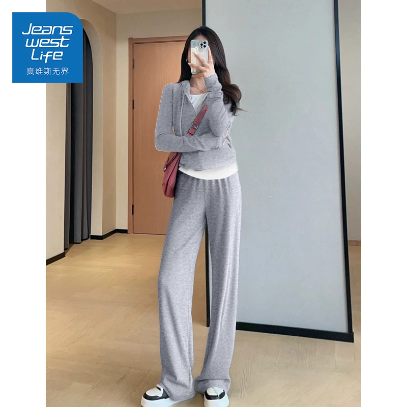 真维斯无界春秋季浅灰假两件收腰显瘦套装个性洋气穿搭ins韩版女