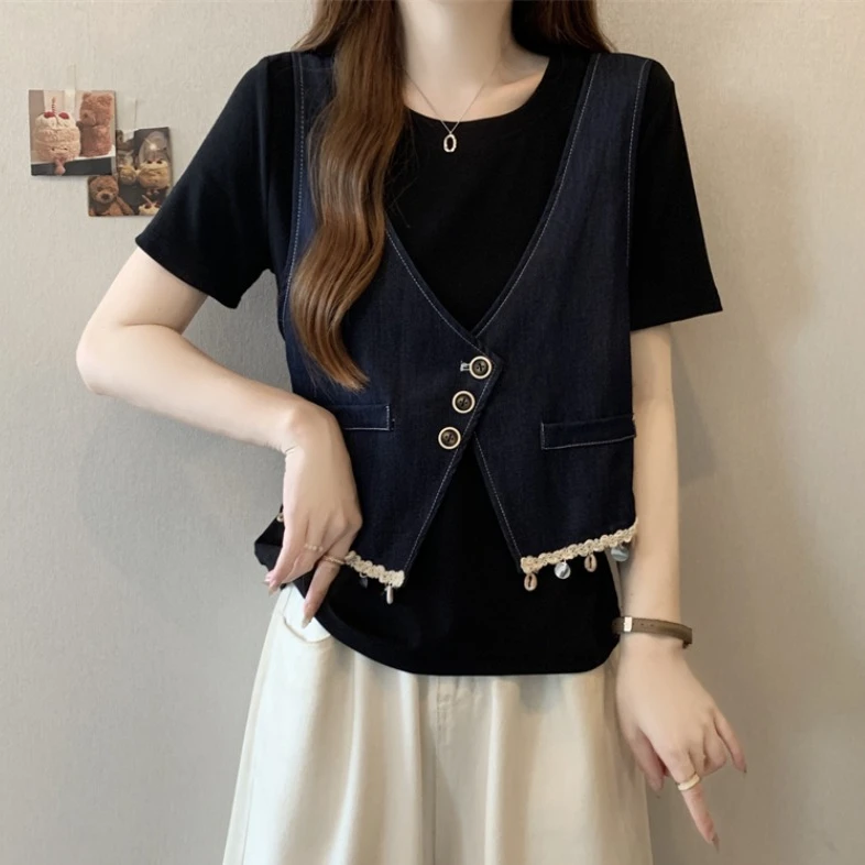 大码设计感假两件短袖T恤女夏季新款微胖MM修身显瘦百搭洋气上衣