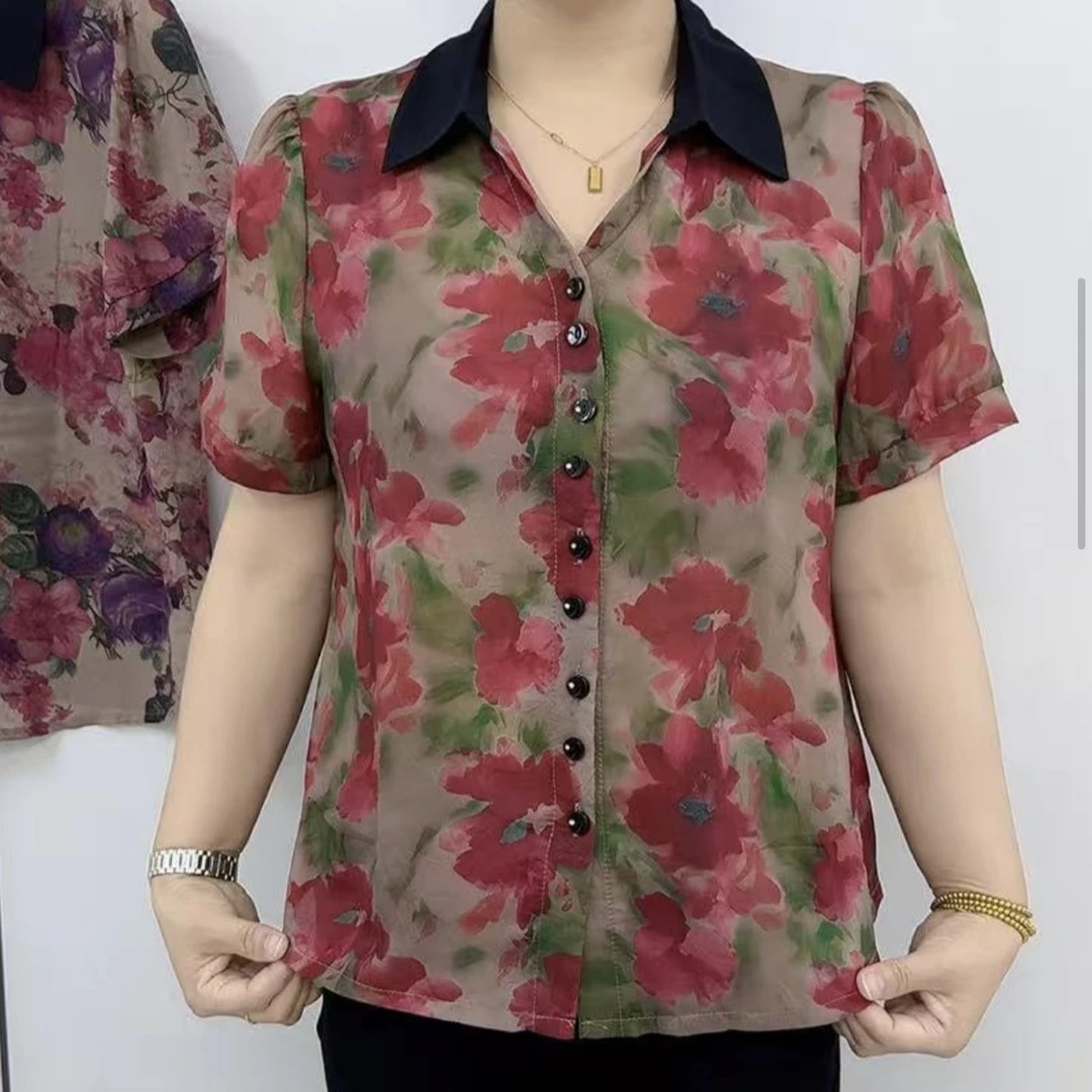 夏季高级复古印花减龄休闲显瘦短袖衫中老年妈妈休闲潮流洋气衬衣