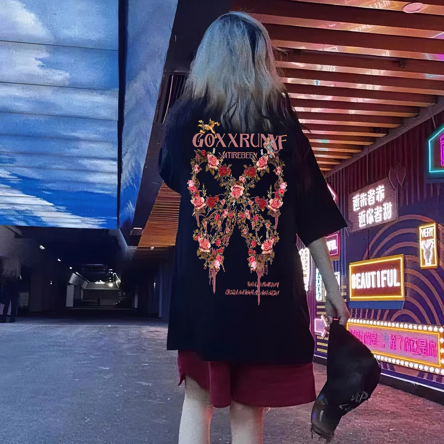 HSNP纯棉美式高街潮牌短袖T恤女宽松oversize设计感慵懒风上衣ins