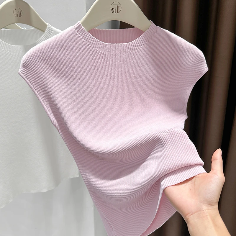 粉色圆领小飞袖薄款上衣2025夏季新款设计感短款修身显瘦短袖T恤