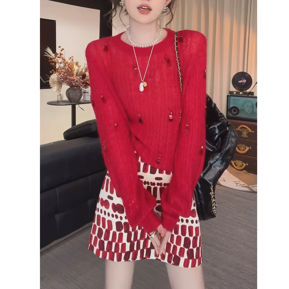 红色亮片长袖针织衫女秋季毛衣慵懒高级感2025年新款宽松显瘦上衣