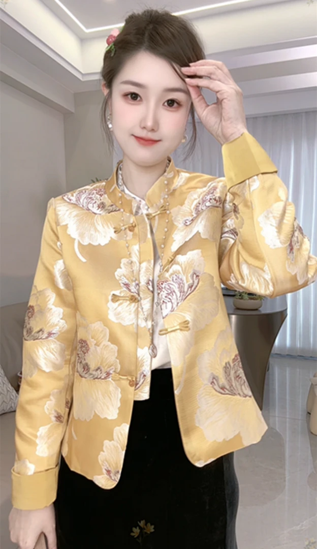 新中式国风短款外套女春秋新款雅气质短款提花刺绣立领外套