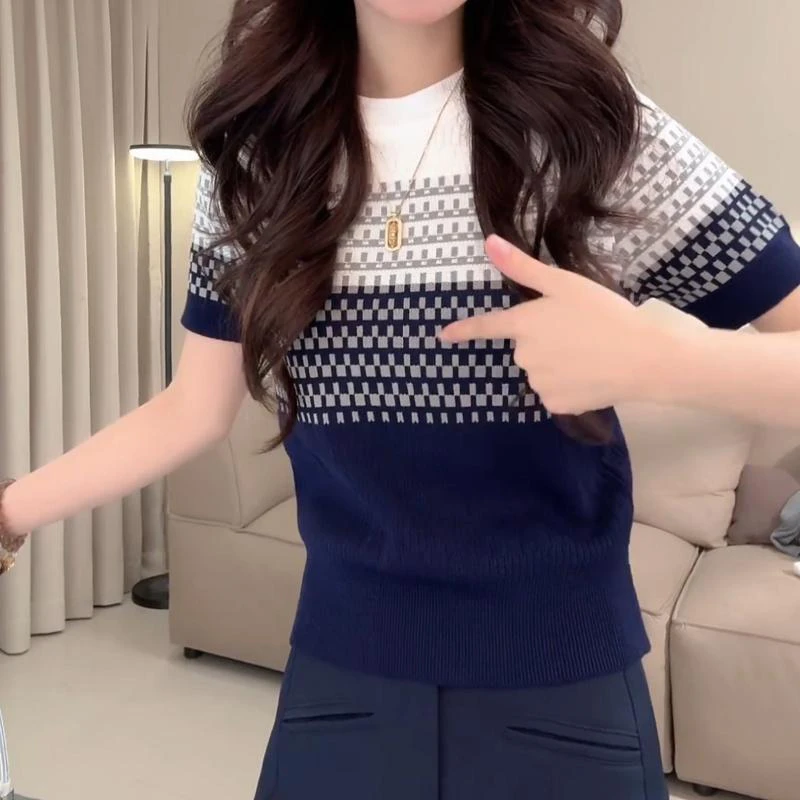 欧货小香风渐变条纹短款针织衫女2025夏季轻奢高级感圆领短袖上衣