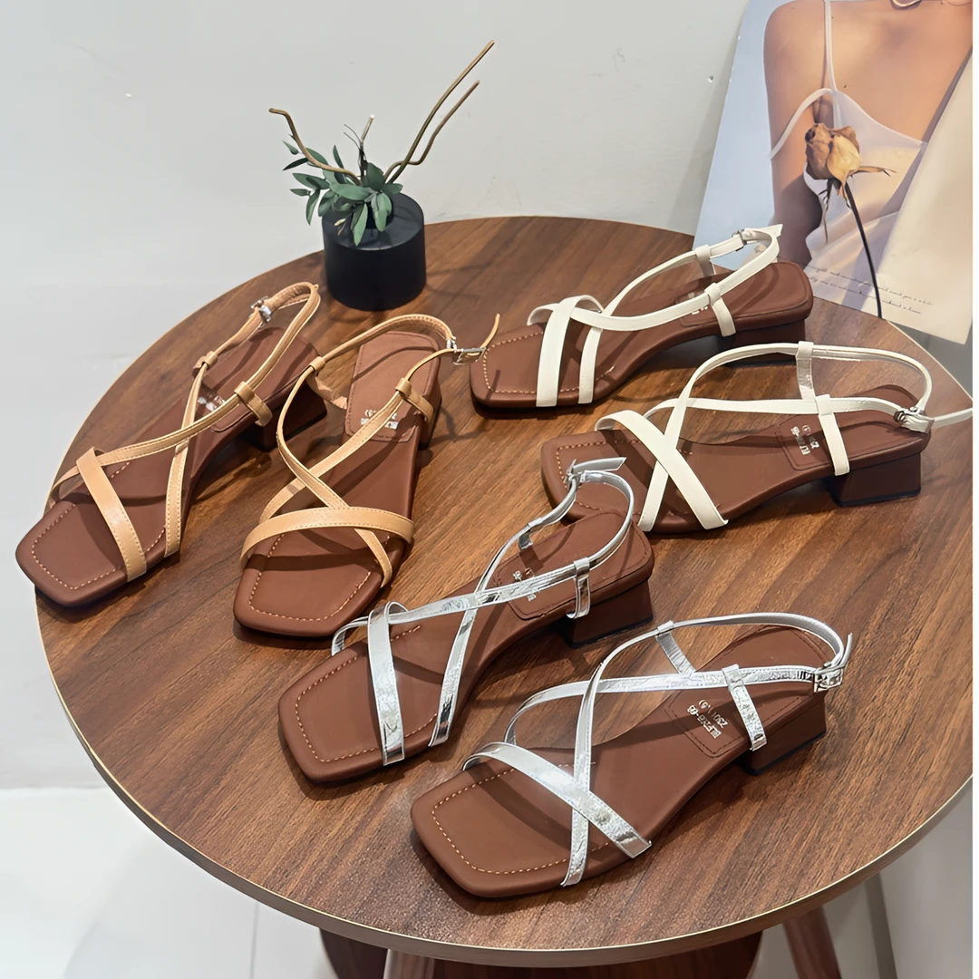 梦梦家 268-66 法式时尚方头交叉细带后绊带粗跟凉鞋女夏新款露趾