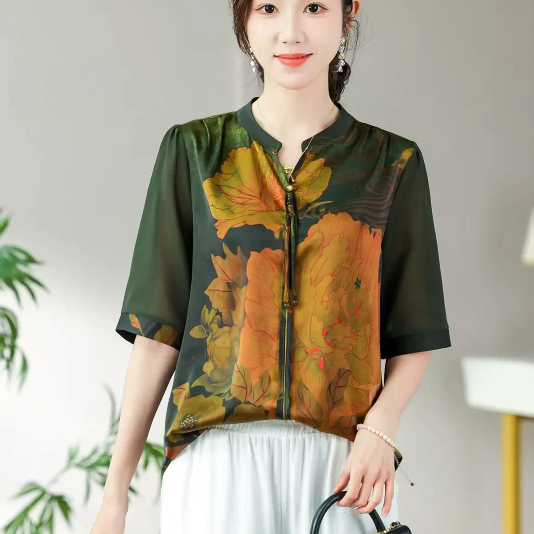 大码女装时尚洋气复古圆领上衣休闲宽松显瘦碎花小衫 BD19498248