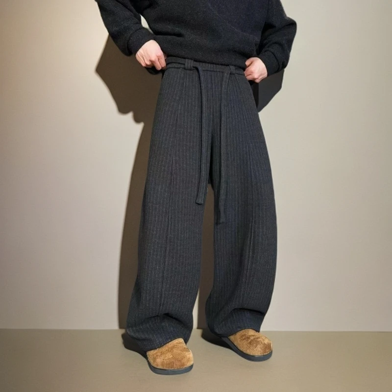 MODEK KODEK美式复古男裤秋冬飘带抽绳竖条纹加绒时尚弯刀阔腿裤