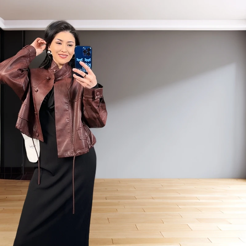 酒红色外套显瘦气质短款时尚休闲修身翻领秋季显瘦气质短款时尚