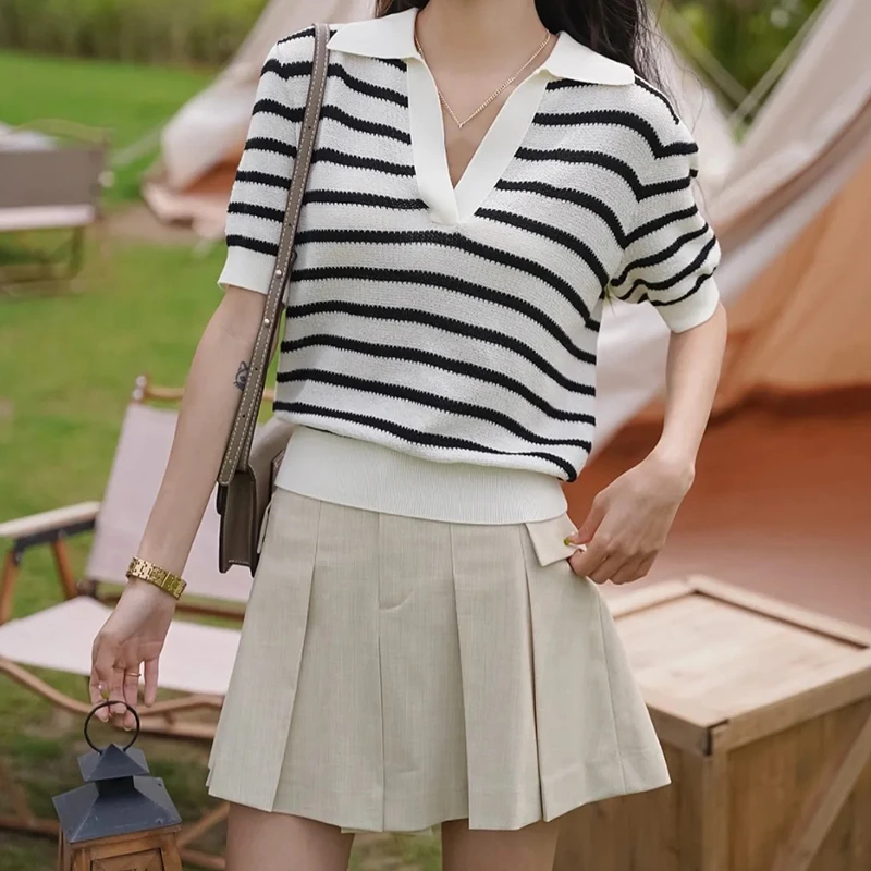 宝丫轻奢  T女式简约撞色条纹polo领钩花镂空短袖针织衫K3235
