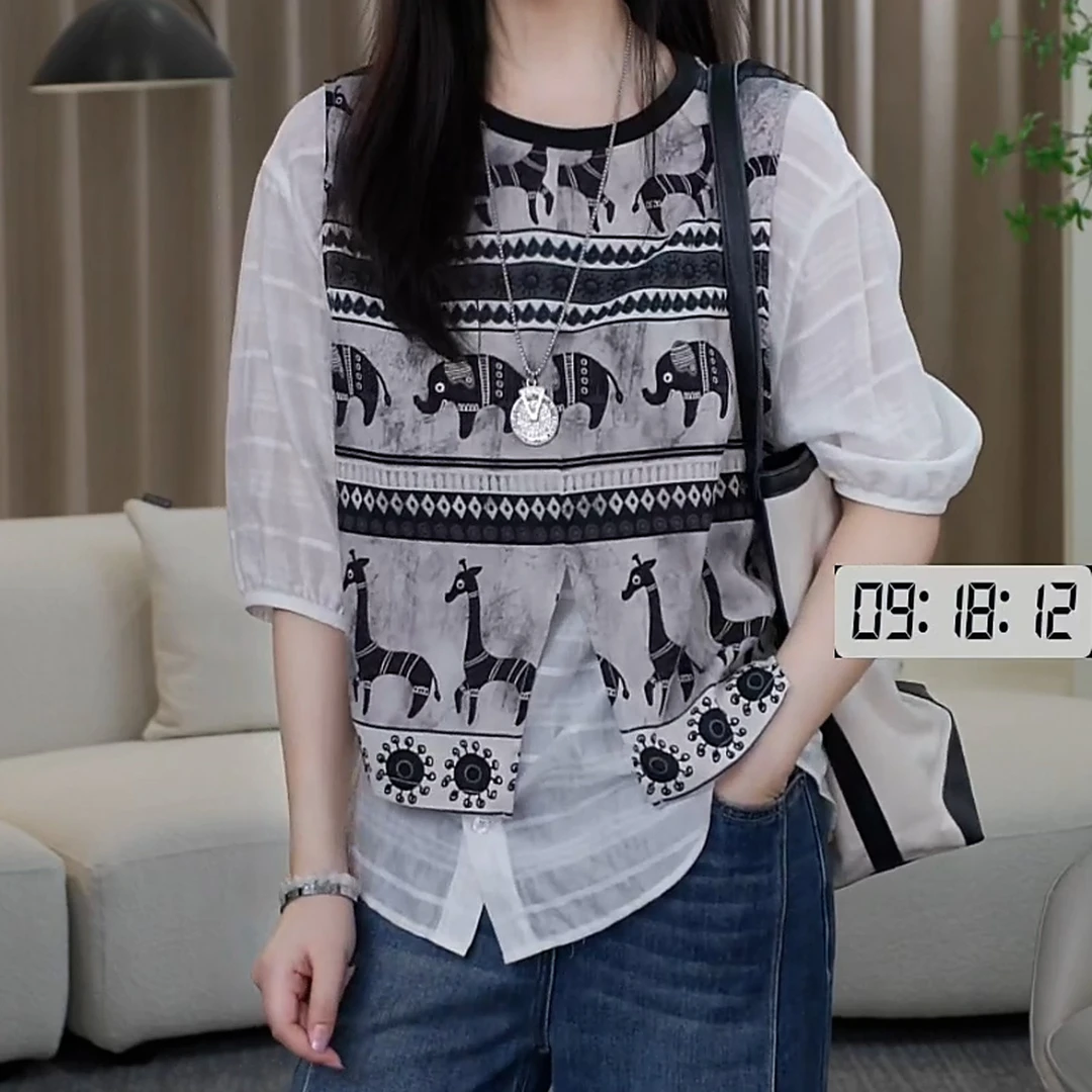 设计感印花假两件拼接衬衫女2025早秋新款小众不撞款条纹显瘦上衣