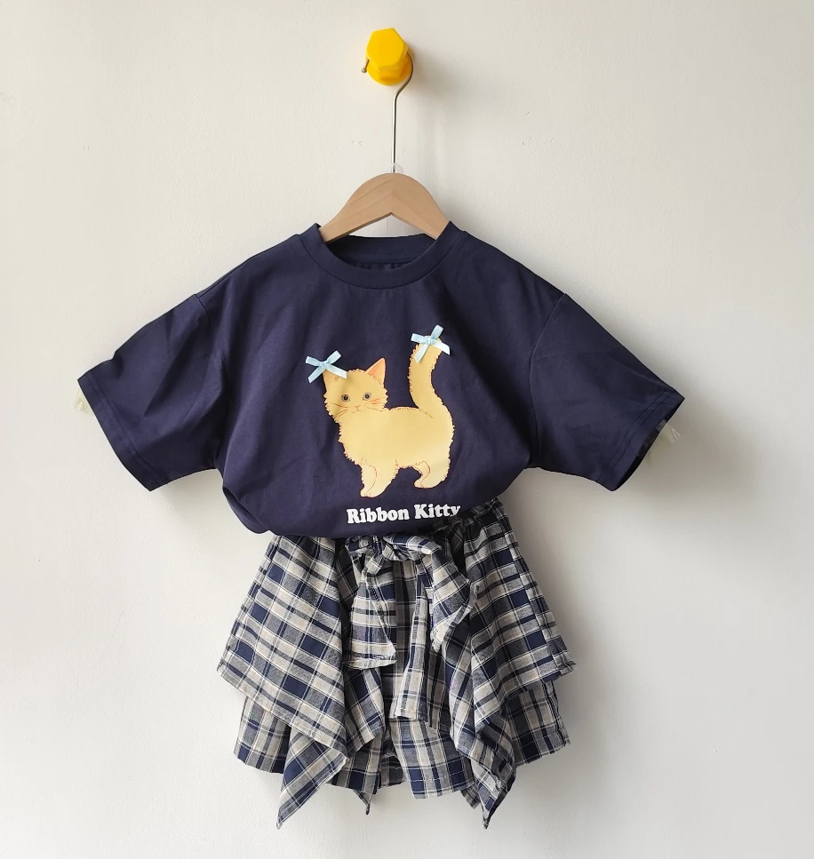 2025夏季新款儿童女童格子裤裙卡通印花T恤2件套夏款韩版休闲
