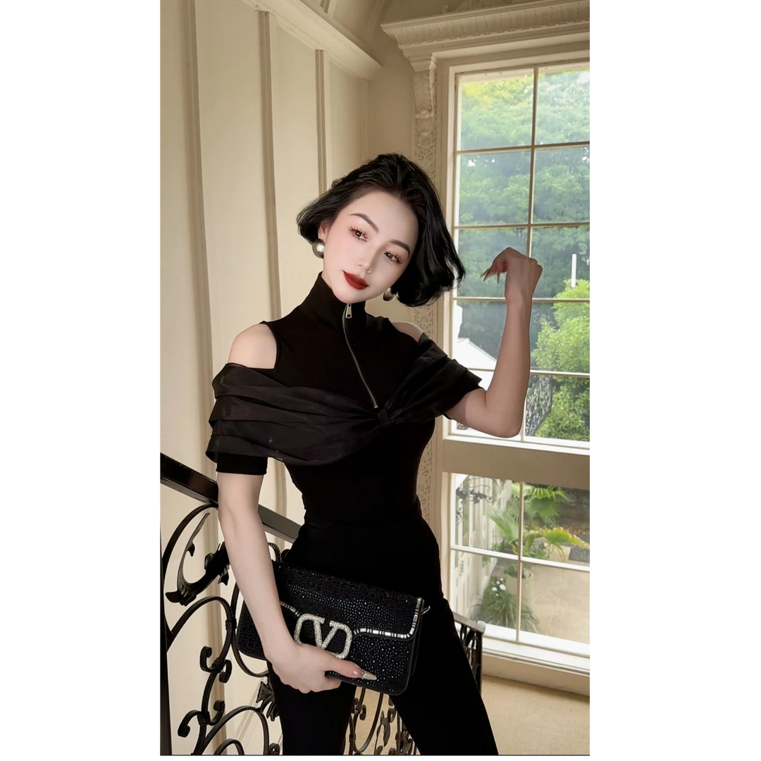 LYXJ【柯布西晚报】高级小众针织拼纱设计贵气蝴蝶结设计上衣11939