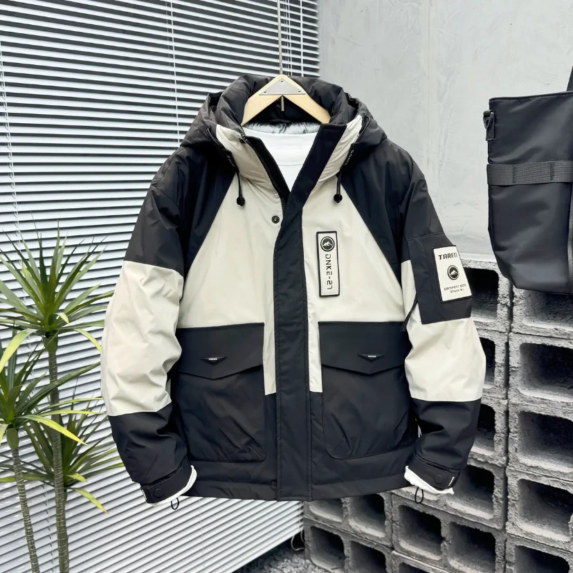 黑色#3679新款潮牌连帽男冬季拼接撞色保暖工装外套