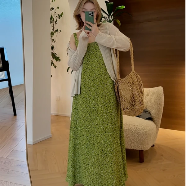 【瘦瘦】青柠冰茶-大码夏季甜美法式显瘦碎花显瘦吊带裙S01493