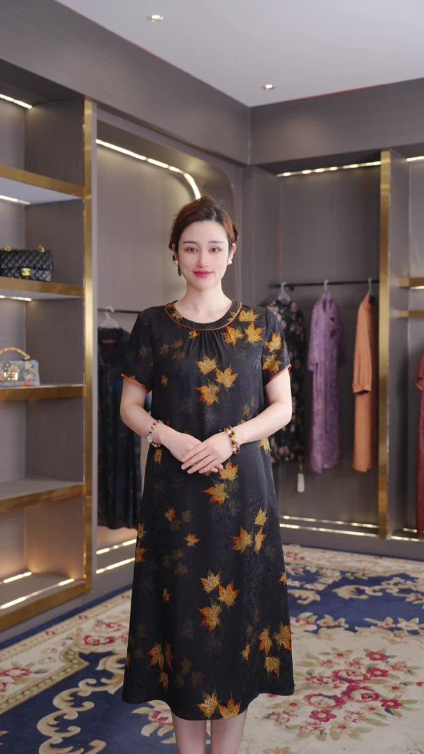[枫叶] 26新款提花缎花萝琉璃扣香云纱连衣裙气质LY011-枫叶