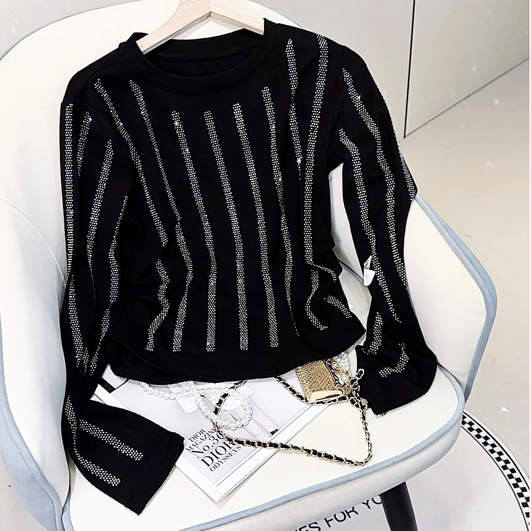 【蜜蜜Mimi】2025秋冬打底衫竖条纹圆领长袖重工烫钻气质女装T恤001