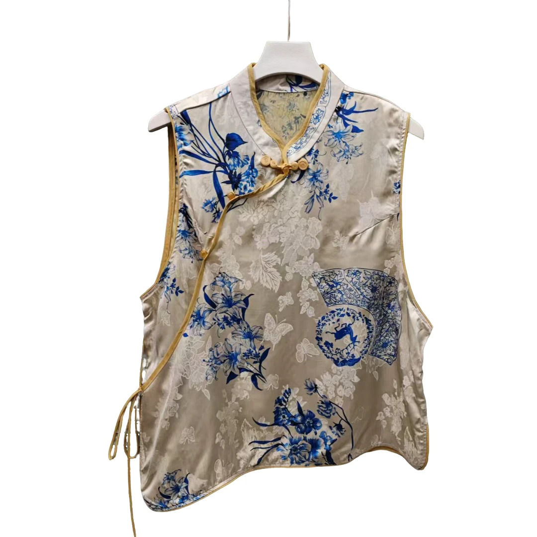 杭云社复古立领印花常规宽松型开衫马夹提花上衣时尚网红女士无袖