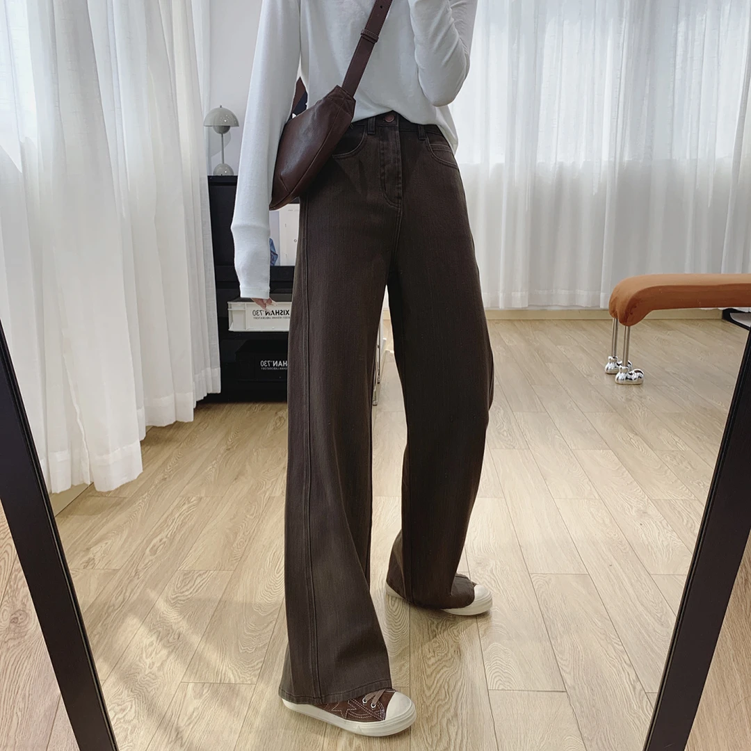 咖色美拉德牛仔裤显瘦2025冬新款加绒女宽松加绒加厚裤子加厚裤子