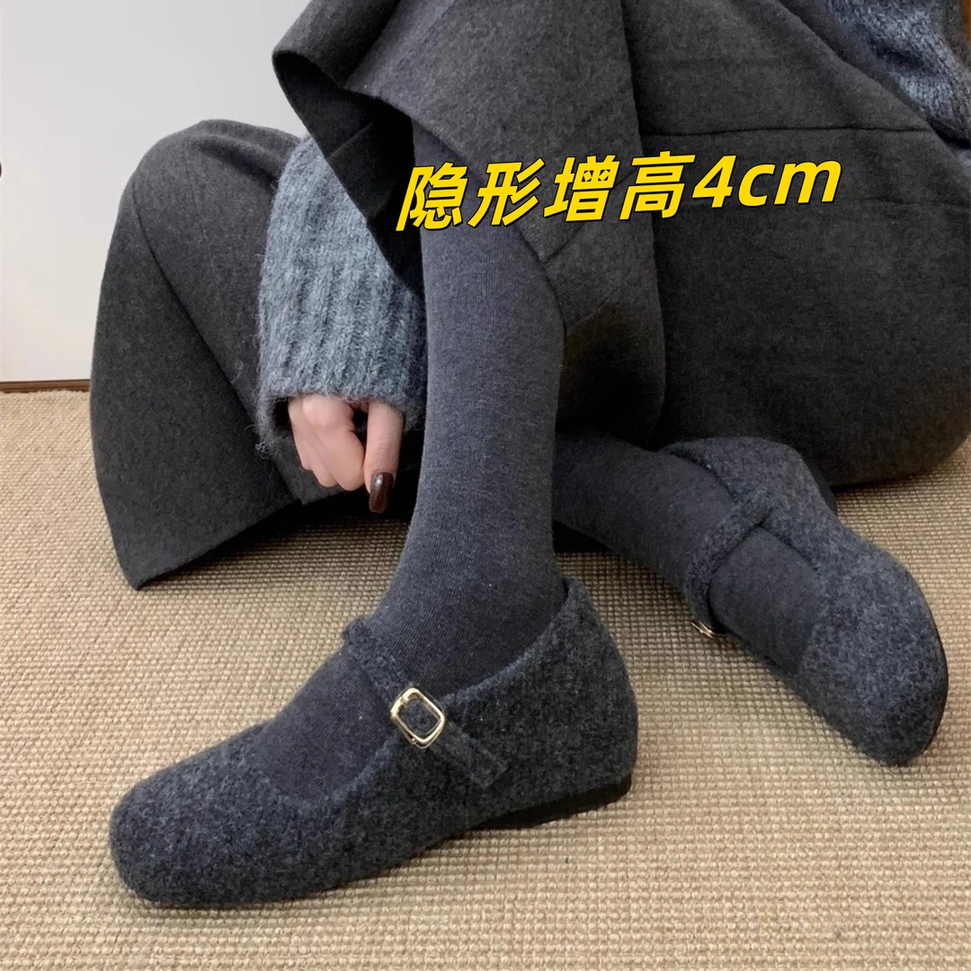 增高4cm玛丽珍毛毛鞋女外穿新款韩版灰色呢子单鞋女厚底加绒棉鞋