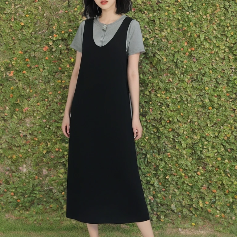 夏季拼接U型领假背带裙黑色休闲圆领连衣裙大码女装孕妇装显瘦