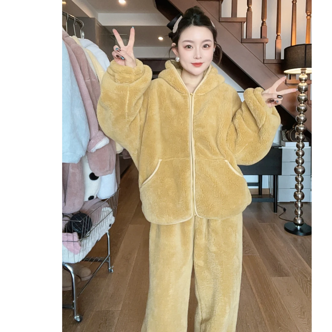 冬季家居服套装女款连帽睡衣家居服毛绒保暖加厚