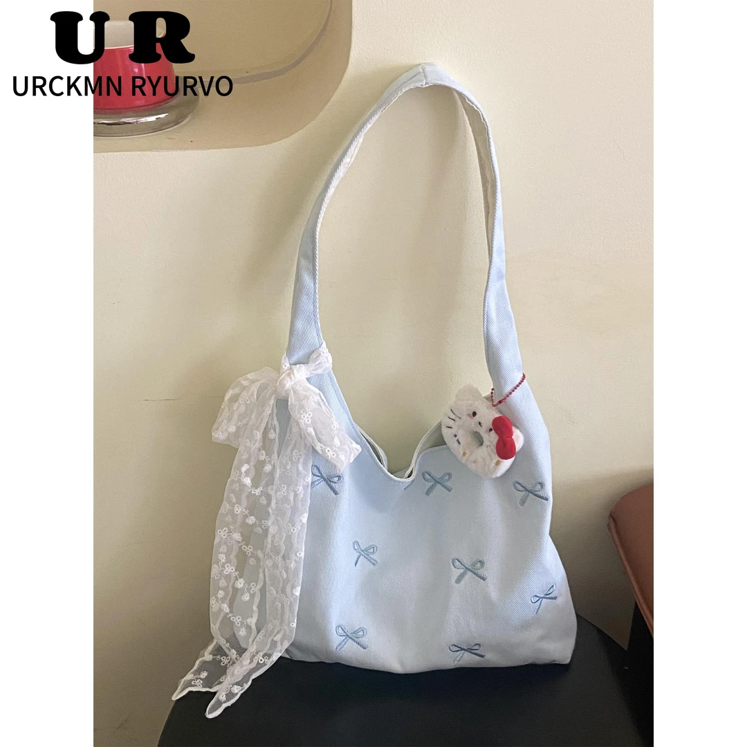 URCKMN RYURVO文艺小清新蝴蝶结刺绣帆布包夏季仙女大容量托特包