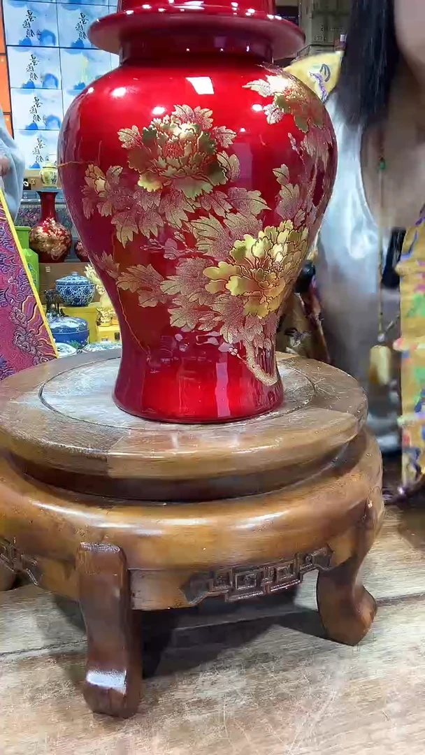 摆件花开富贵红色水晶釉将军罐-非遗底款+底座