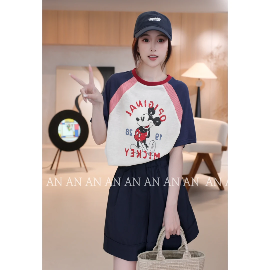 C05191莱赛尔亚麻夏季时髦宽松插肩袖拼色卡通米奇短袖T恤