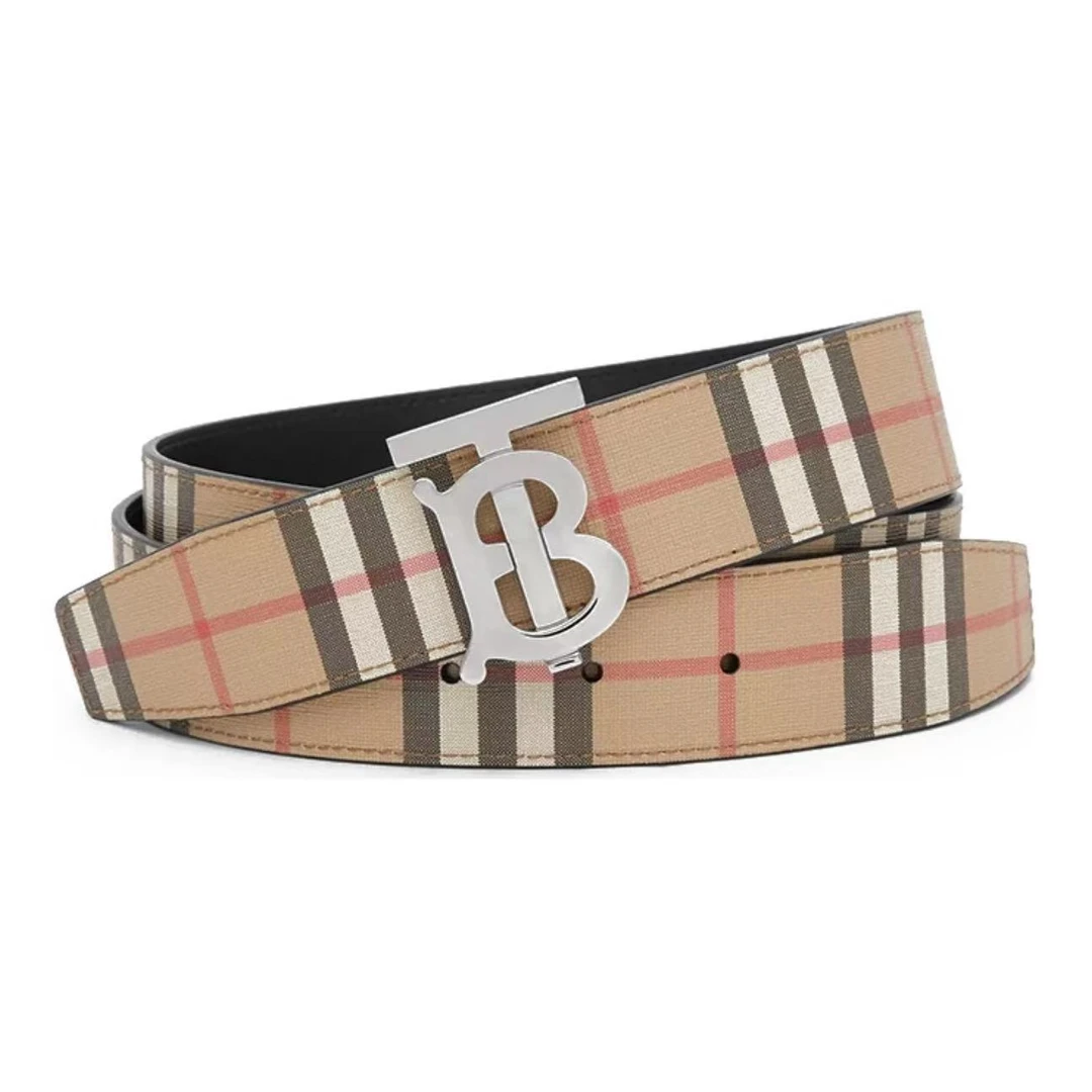 Burberry博柏利 Vintage 典藏双面格纹TB标识平滑扣皮带80219571