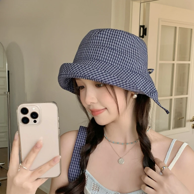 新款复古格子渔夫帽女夏季户外牛仔帽遮阳帽时尚翻义乌帽子大头围