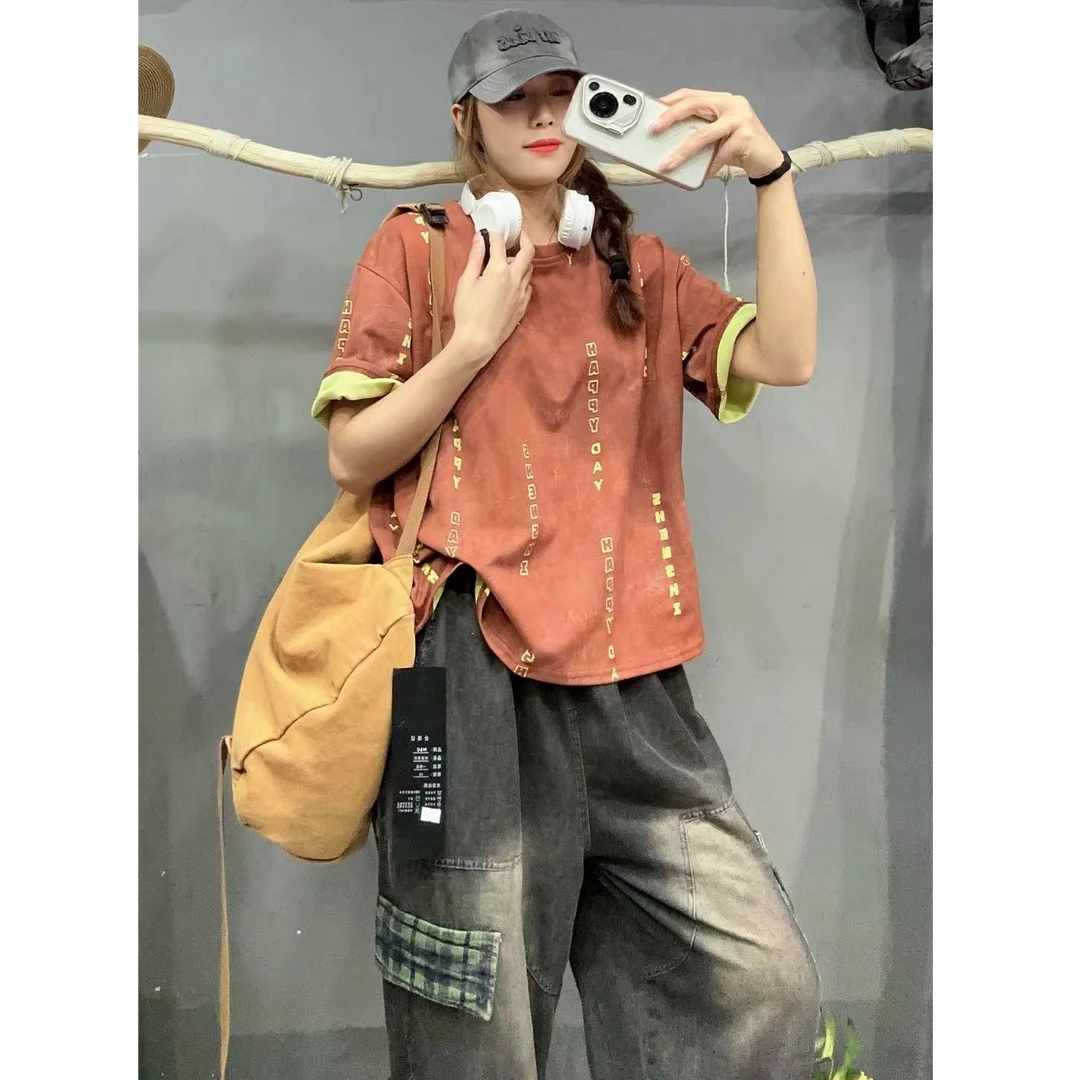 媄澜夏季新款个性潮流烧花短袖T恤宽松显瘦时尚母亲节ins欧美上衣