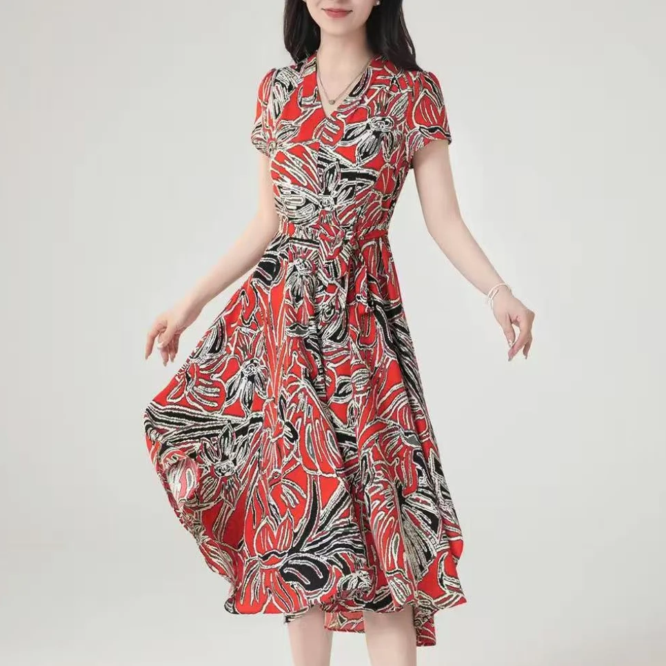 H2387碎花时尚气质A字裙V领立领夏季裙子印花连衣裙L6